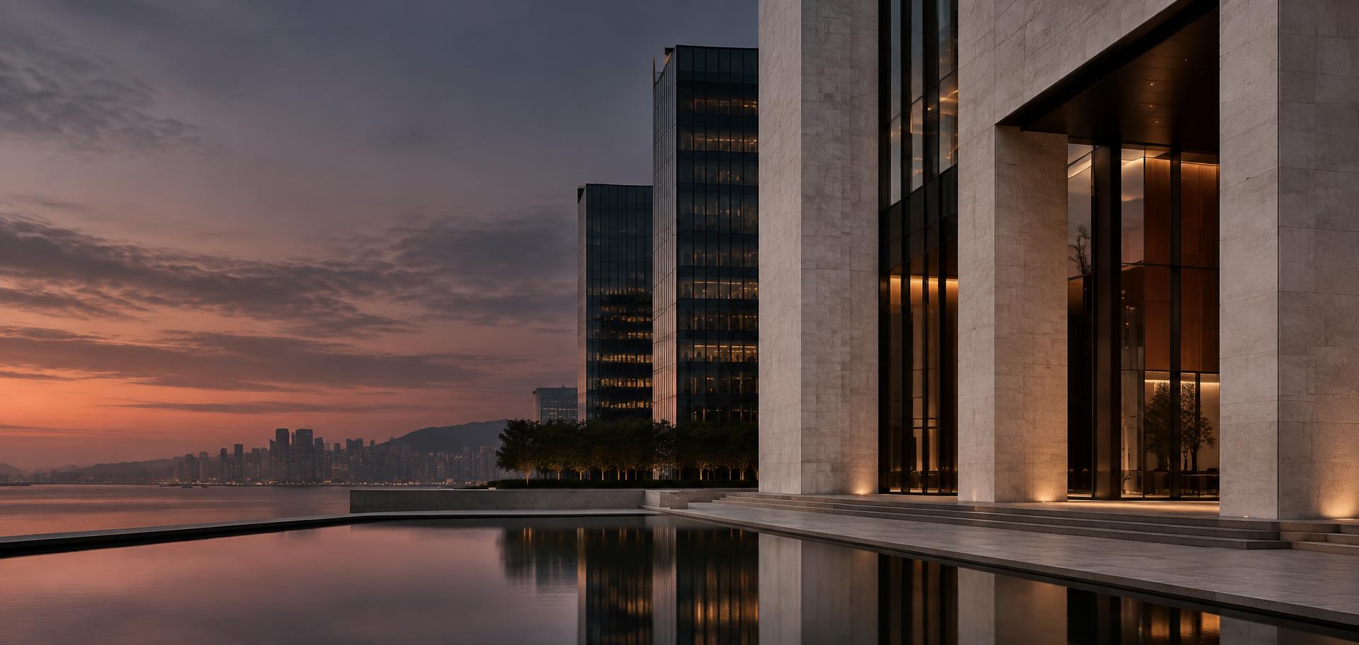 Contemporary financial district architecture at dusk